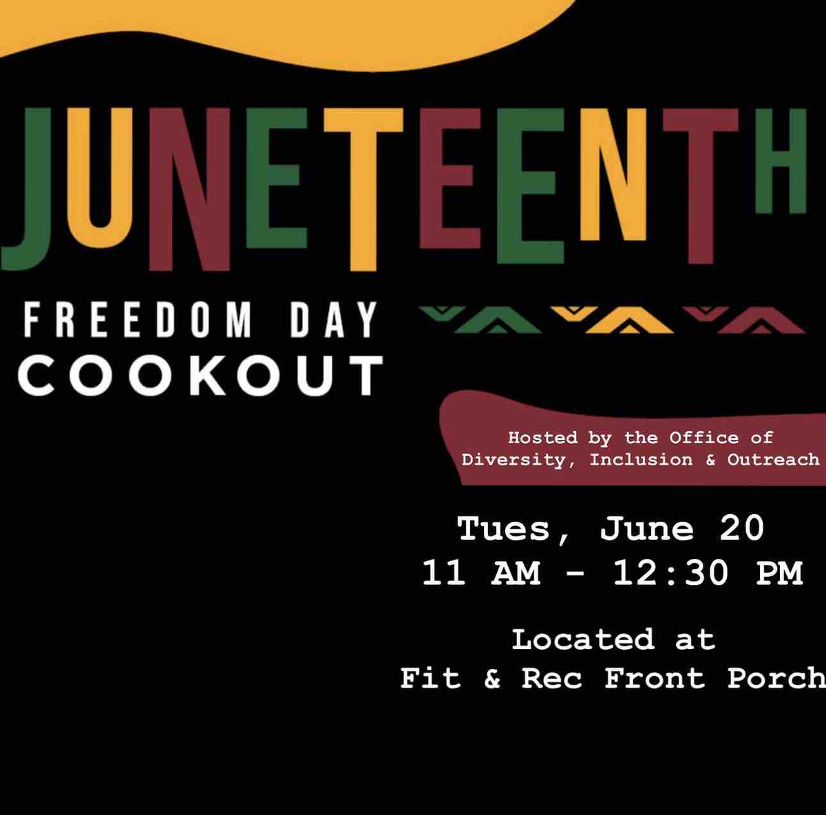 Commemorate Juneteenth and Black/African American history with music, food, and games at Freedom Day Cookout on Tuesday June 20, from 11am-12:30pm on the Fit &amp; Rec Front Porch. Bring your TWU ID to receive a free hotdog! #TXWomans #TWUevents #Juneteenth 🎊 🦉