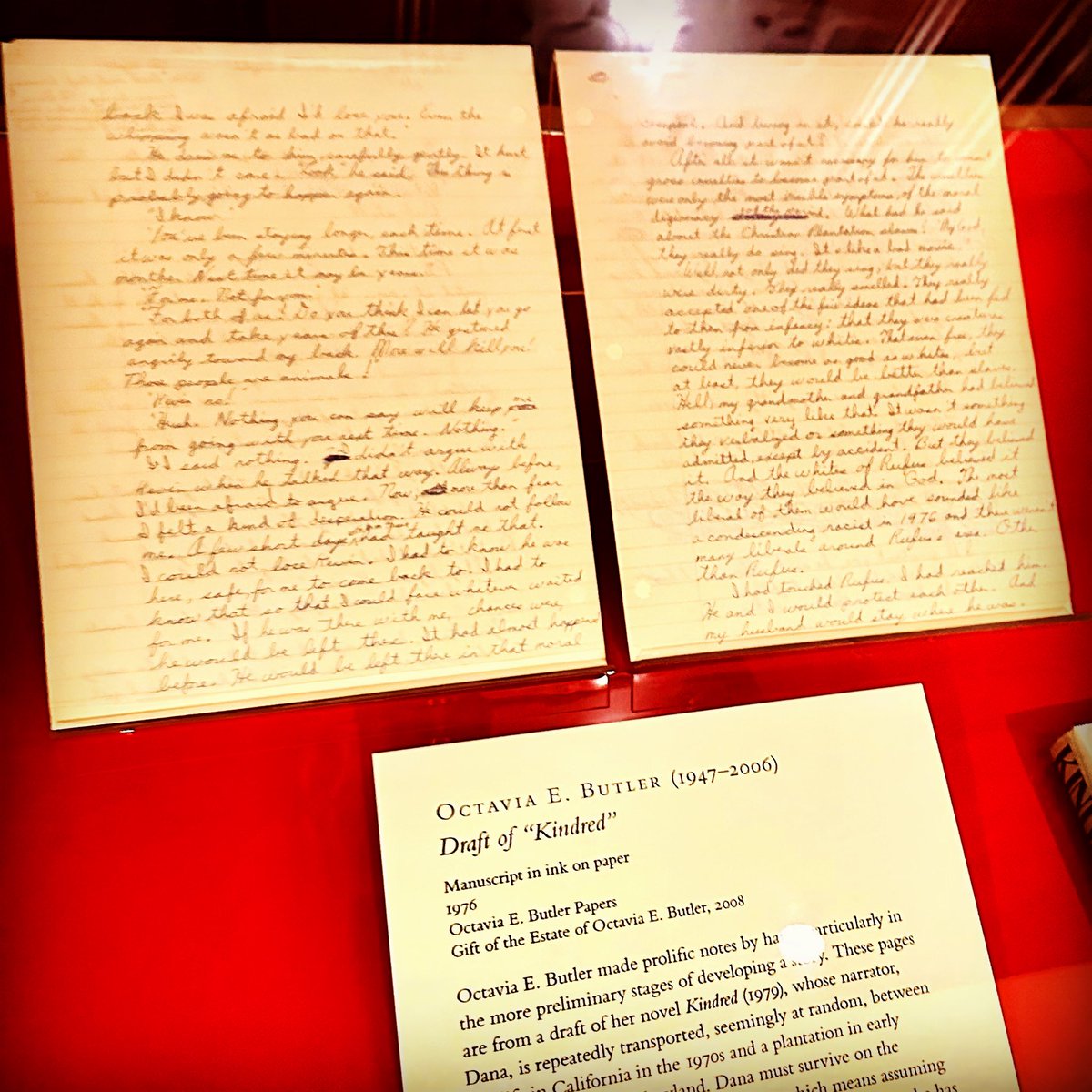 Today, we saw the original handwritten manuscript of Kindred by Octavia Butler.