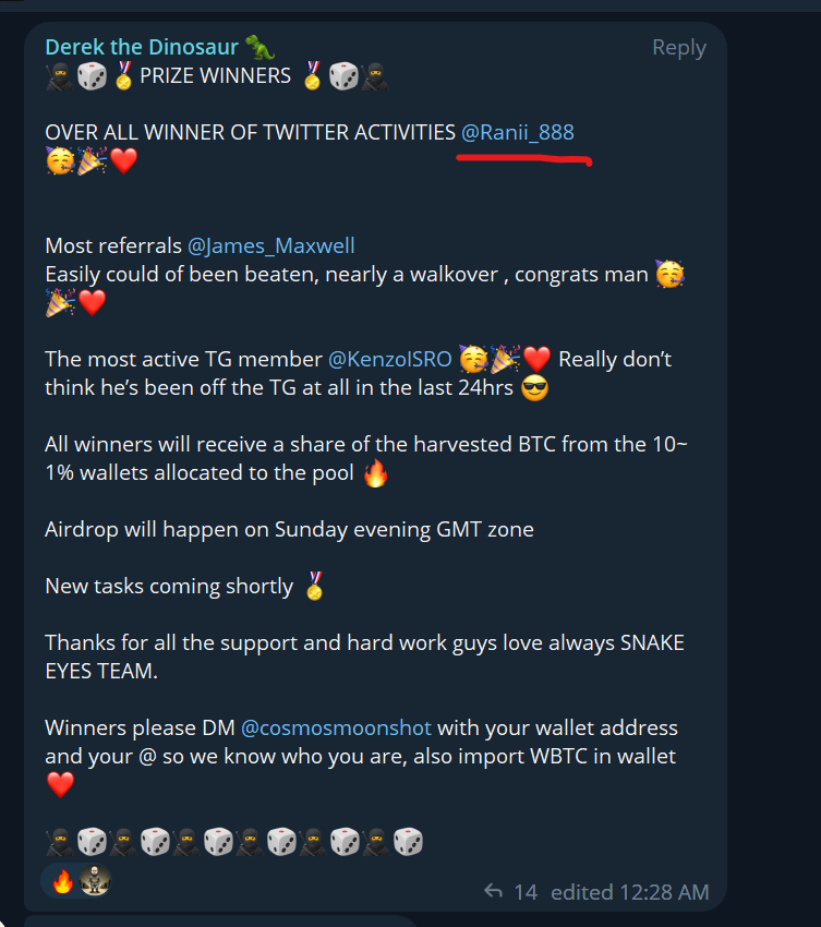 Raniinnit's tweet photo. Absolutely thrilled to be part of communities that go the EXTRA mile for their community! Earning Bitcoin while holding and getting rewarded for shilling! @snakeeyescoin is a rare kind of project and in it's early days. Rarely do projects shower their community with such care. https://t.co/9cNPXjz6q0