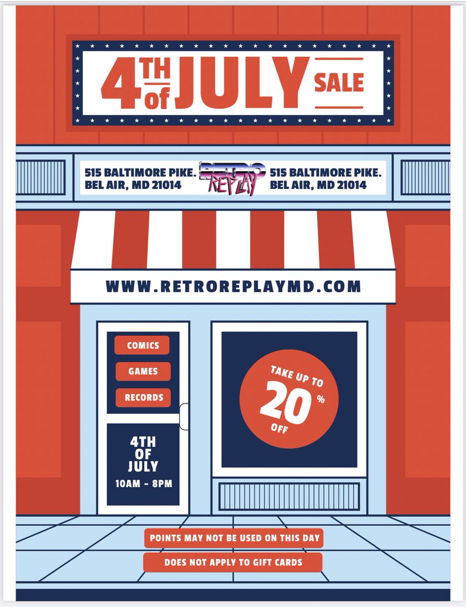 RetroReplaymd's tweet photo. DON’T FORGET! Along with our other sales, we will also be having a 4th of July Sale! Take up to 20 percent off in store! #sale #4thofjuly #shoplocal #videogames #gamestore #retroreplaybelair #maryland #4thofjulysale #storesale #games #comics #comicbooks #records #vinyl https://t.co/fZGvbDMcPA