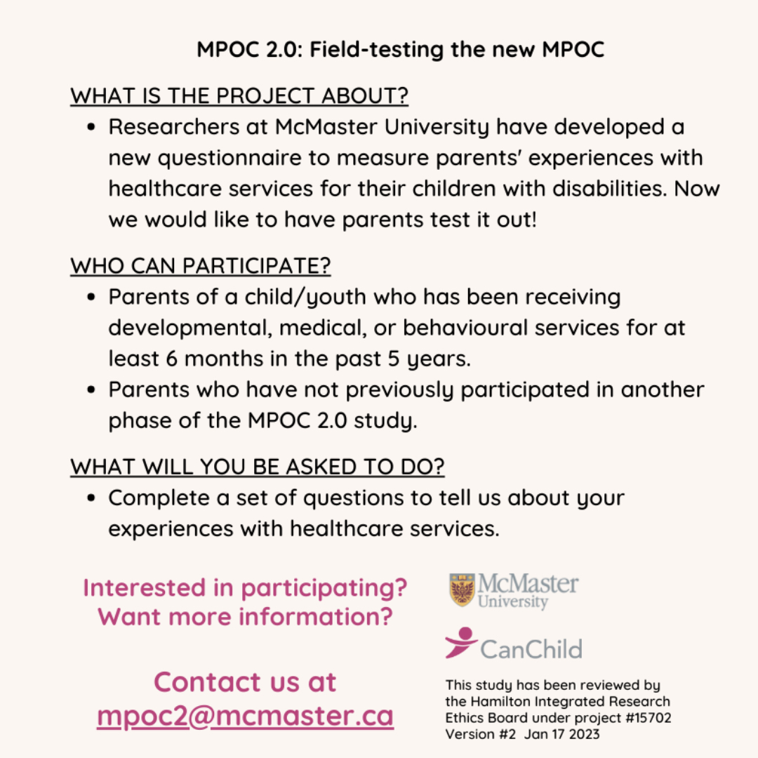 Research Opportunity! Know anyone who might be interested in participating? 

Calling parents of children with disabilities across Canada for a research study! We are recruiting…
 
What is the project about?
• Researchers at CanChild Centre for Childhood Disab...