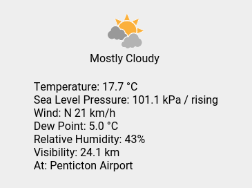 Wed 15:00: Mostly Cloudy; Temp 17.7 C; Wind N 21 km/h; Humidity 43%; Press 101.1 kPa / rising.