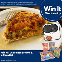 It's #WinItWednesday. Tell us what your favorite breakfast pizza ingredients are and be entered to win #MrDells All Natural #HashBrowns and a pizza baking set. Try our Mr. Dell's Hash Brown #BreakfastPizza Recipe: ow.ly/LTj850OOKP9. Like & retweet for extra entries.