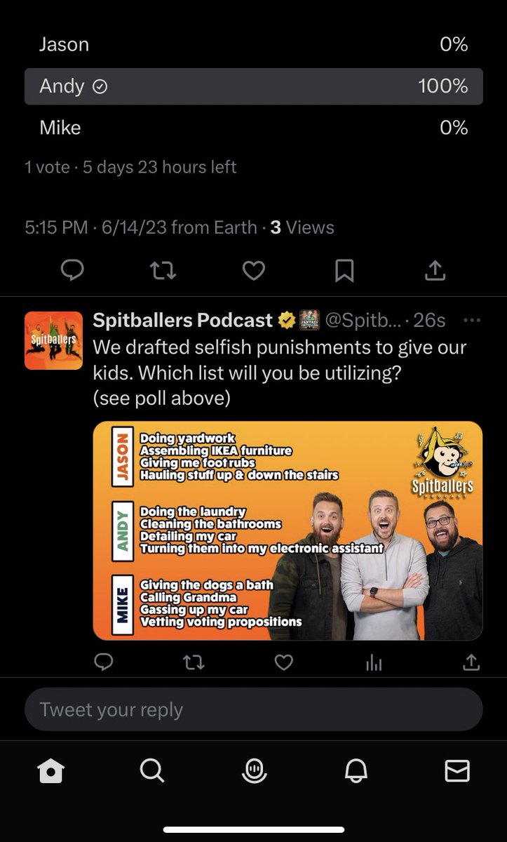 RyanBabyBean's tweet photo. @SpitballersPod I understand these votes as saying; “my vote is all that matters. @andyholloway wins!” https://t.co/2cqIHipYcF