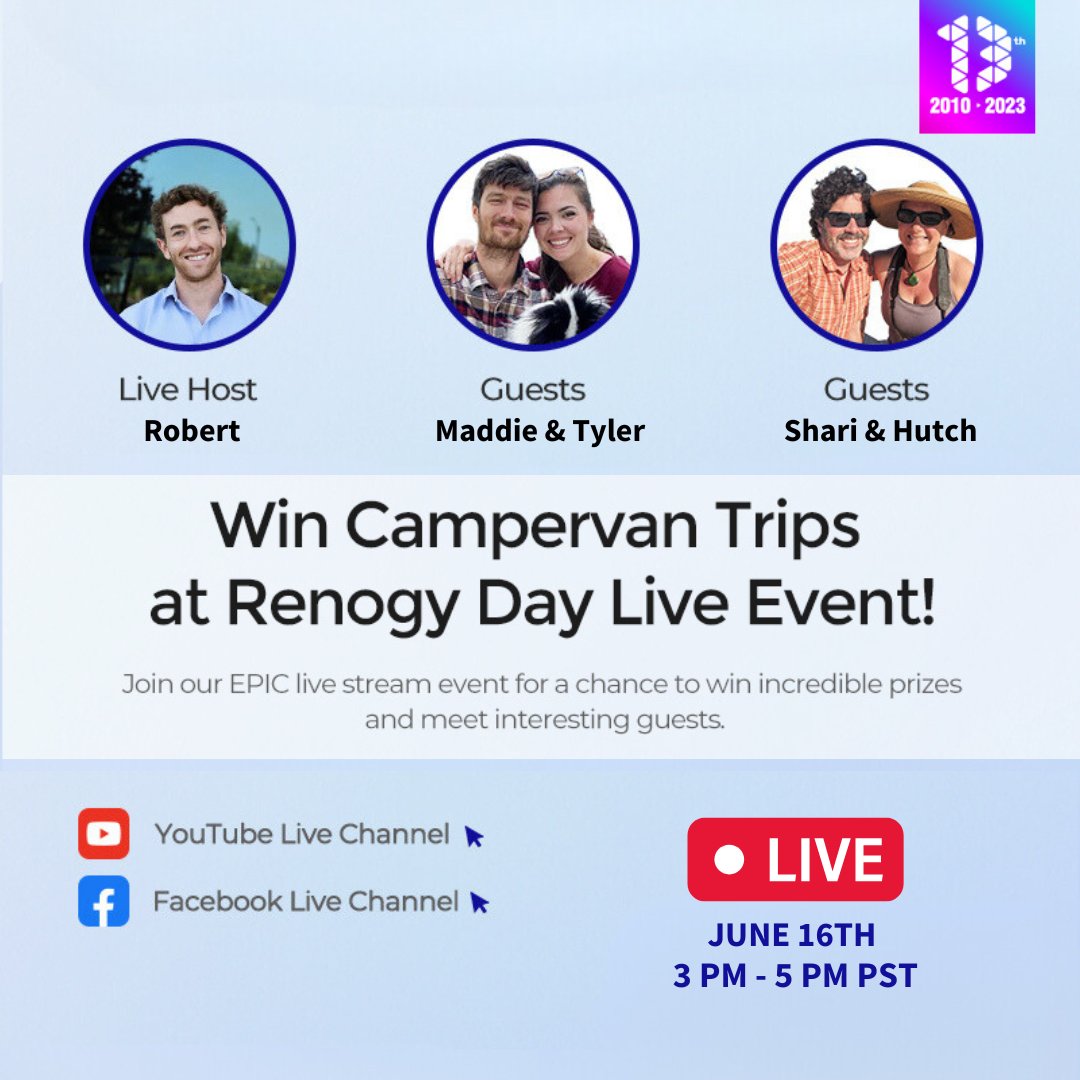 Renogy's tweet photo. Two days away from the Big celebration on 06/16/2023.  3 pm- 5 pm PST.  Save the date now! 📝    Meet our host and Special Guest!

📹 Stay Tuned: https://t.co/BUT426fMhI
.
.
#Renogy #RenogySolar #PowerbyRenogy #Renogyofficial #RenogyONECore #RVLife #SmartPanel #Innovation https://t.co/Hhy82BJ0hA