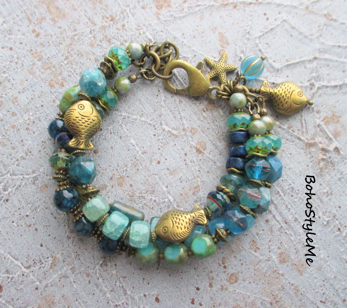 One Fish, Two Fish, Boho Style Me Blue Green Beaded Brass Fish Bracelet, BohoStyleMe, Handmade Bohemian Jewelry, Ocean Colors