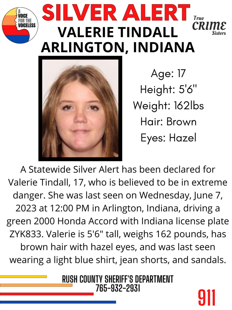 PLEASE‼️It only takes one second to share this #missingperson.

A Statewide #SilverAlert has been declared for #ValerieTindall, 17, who is believed to be in extreme danger. She was last seen on Wednesday, June 7, 2023 at 12:00 PM in #Arlington, #Indiana.
