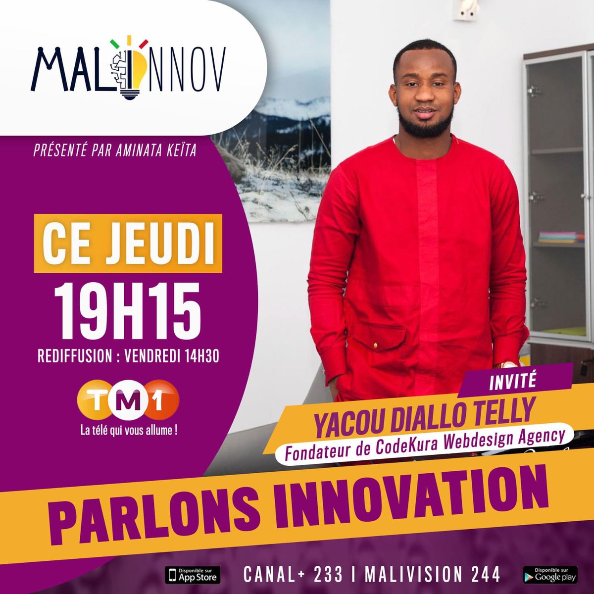 #Malinnov, l'émission des fans des technologies, c'est chaque jeudi soir sur TM1! 
Retrouvez Aminata Keita et son invité de la semaine Yacouba Diallo Telly, fondateur de CodeKura Webdesign Agency. 
Ce soir à 19h15 sur TM1, la télé qui vous allume!!