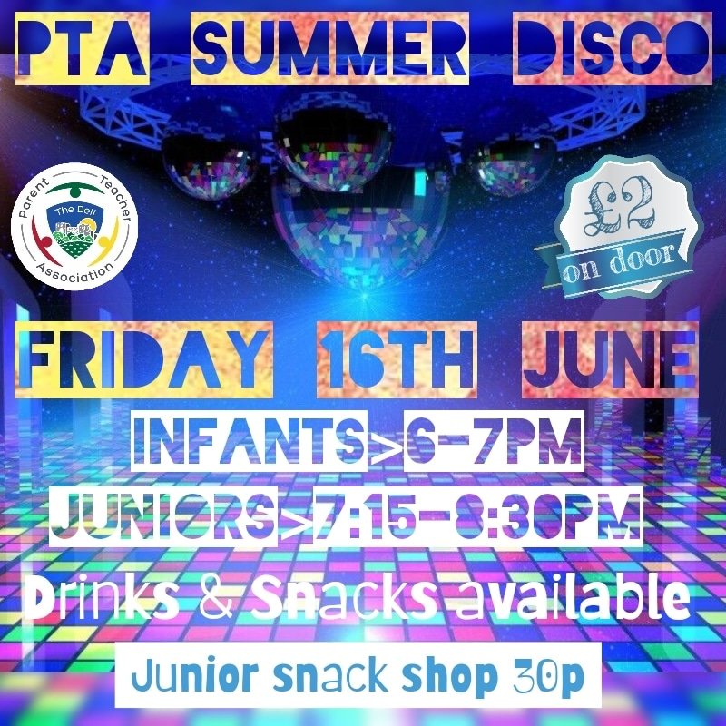 thedellpta's tweet photo. 💃🕺DISCO 💯% CONFIRMED💃🕺
We've got enough volunteers the disco is on for Friday! £2 on the door, cash only. It'll be warm, keep that in mind with outfits. No coats etc to be brought into hall.
Junior Disco has the 30p snack shop, no large notes please.
See you Friday 🕺💃 https://t.co/bZpfODzVcR