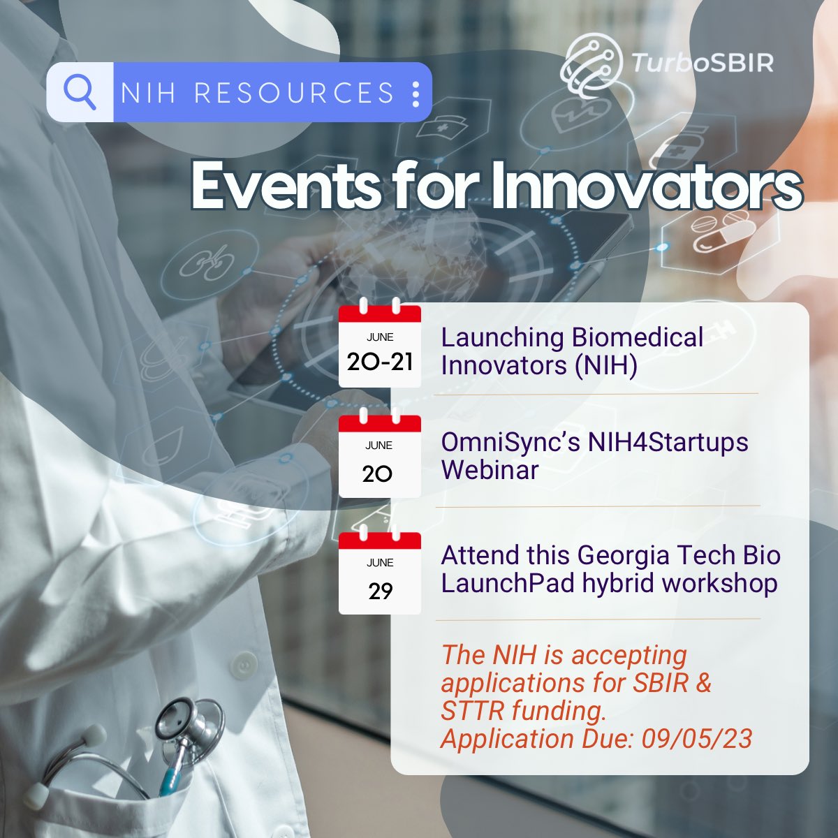 TurboSbir's tweet photo. So many events for healthtech researchers and innovators! Links to register as followed:
1. https://t.co/yTTDr3h55F

2. https://t.co/LP27P52Ygq

3. https://t.co/0BJhJUOYlg
.
.
.
#sbir #sttr #healthtech #startups #businessfunding #governmentcontract https://t.co/r92G5nxOvm