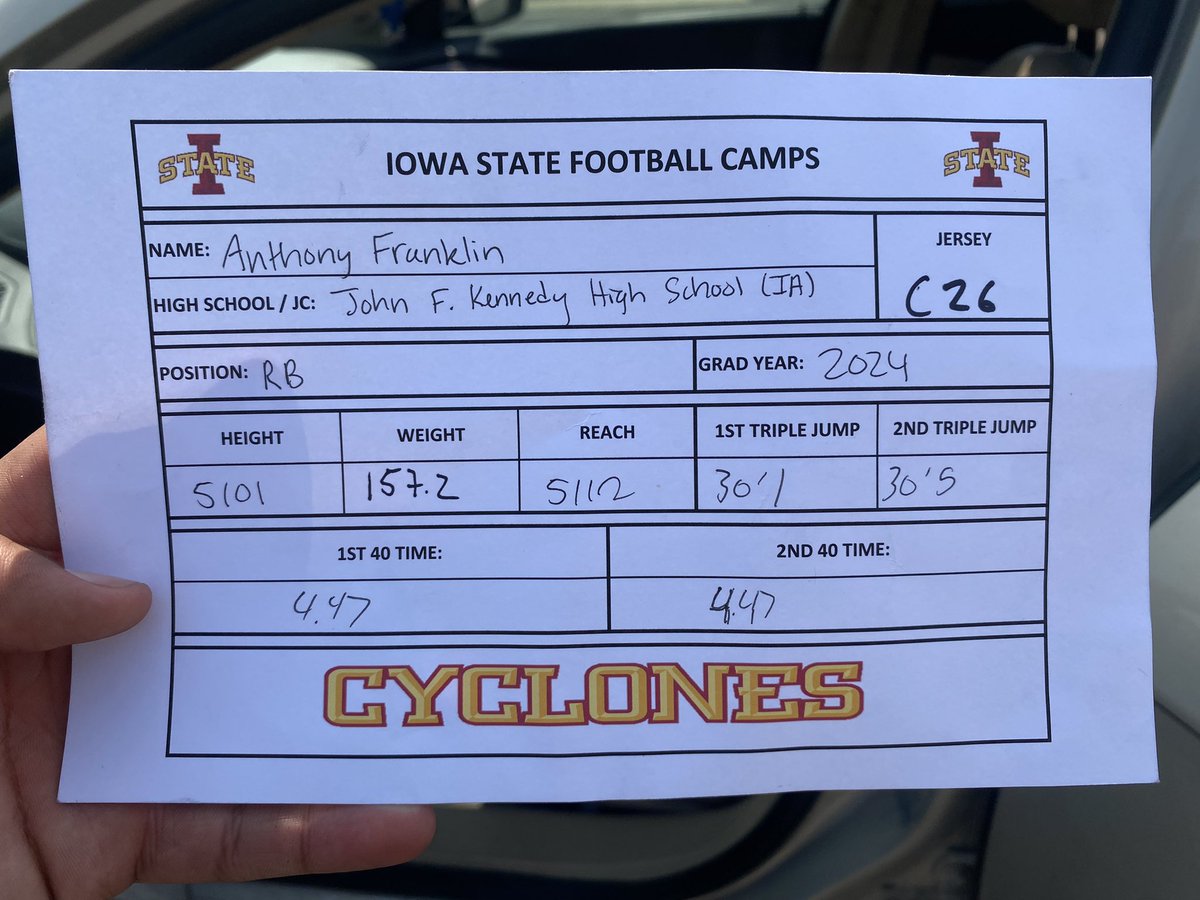 Anthony Franklin (@antfranklinn) on Twitter photo Enjoyed my experience <a href="/CycloneFB/">Iowa State Football</a> - posted a 4.4 & 30’5 triple broad jump
<a href="/ISUMattCampbell/">Matt Campbell</a> <a href="/Coach_Heacock/">JON HEACOCK</a> <a href="/PoteatCoach/">Coach Hank Poteat</a> <a href="/Coach_Langs/">Jordan Langs</a> <a href="/KelliFogt/">Kelli Fogt</a> @KHigh4Cy <a href="/TrentSlattenow/">Trent Slattenow</a> Enjoyed my experience <a href="/CycloneFB/">Iowa State Football</a> - posted a 4.4 & 30’5 triple broad jump
<a href="/ISUMattCampbell/">Matt Campbell</a> <a href="/Coach_Heacock/">JON HEACOCK</a> <a href="/PoteatCoach/">Coach Hank Poteat</a> <a href="/Coach_Langs/">Jordan Langs</a> <a href="/KelliFogt/">Kelli Fogt</a> @KHigh4Cy <a href="/TrentSlattenow/">Trent Slattenow</a>