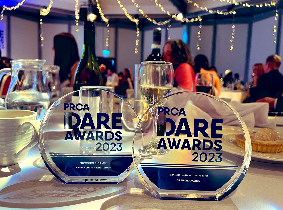 We’re over the moon to have won two accolades at tonight’s #PRCADare awards including the coveted title Small Consultancy of the Year &amp;, for agency founder <a href="/Jules7987/">Julie Wilson</a>, Professional of the Year. Thank you so much <a href="/PRCA_HQ/">PRCA</a> that’s double the reason to celebrate🍾 🥂 #TheStrongAgency