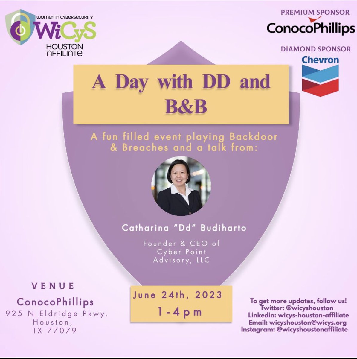 So excited to announce our next in-person event!

We're partnering with ConocoPhillips to be hosting "A Day with DD and B&amp;B" on June 24th from 1pm to 4pm CST

It will be a fun filled event playing Backdoor &amp; Breaches and hearing from the founder and CEO of Cyber Point Advisory -