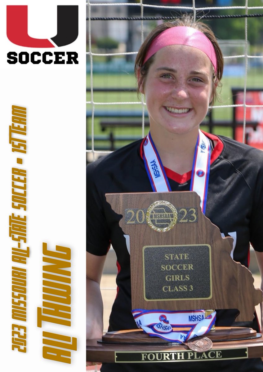 UHSSoccer's tweet photo. BIG TIME CONGRATULATIONS to the Union Soccer players listed below for earning Missouri All-State Soccer Honors! It is a HUGE accomplishment, and we’re very proud of your achievement! 

Ali Thwing - 1st Team
Mya Minor - 2nd Team
Addison Williford - Honorable Mention
#RiseTogether https://t.co/NIxC62Rno8