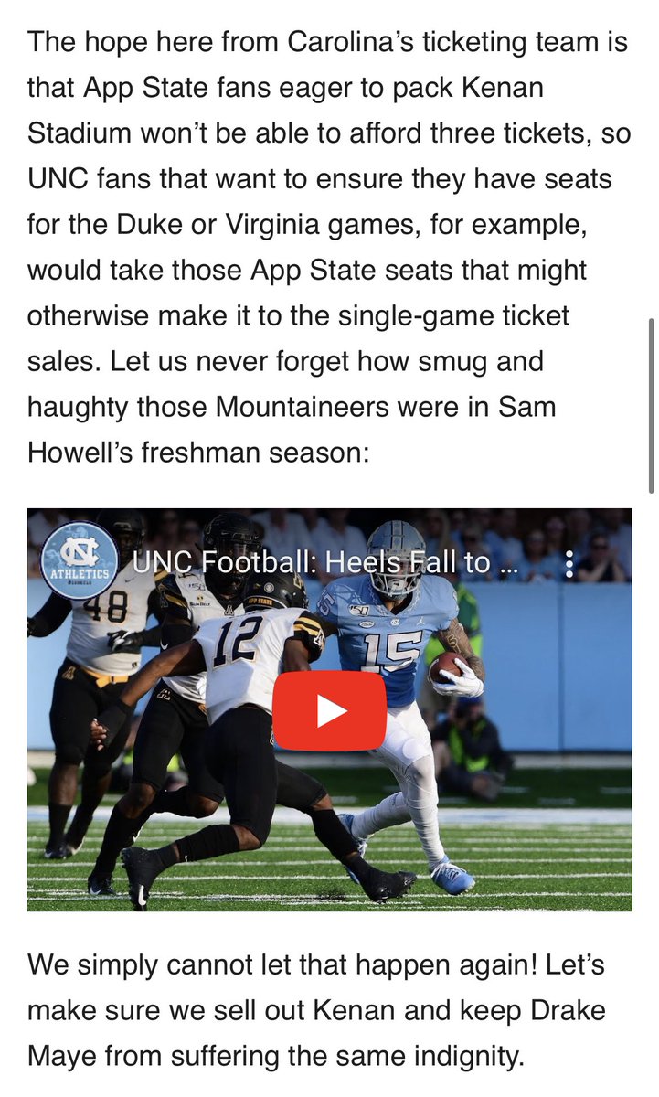 “Haughty” and “Smug” coming from Carolina fans is RICH 🤣

Mark your calendars for early August when they release those single game tickets #AppNation 

For a school that just raised 5 billion dollars, class is one thing UNC can’t buy, and will never know how to exude.