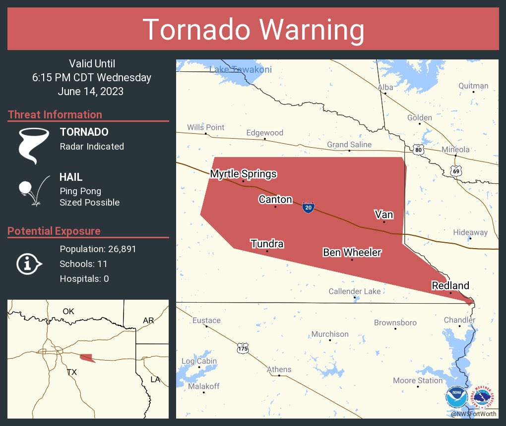 ⚠️ TORNADO WARNING issued for Myrtle Springs, TX, Canton, TX, and Van, TX until 6:15 PM CDT - Take shelter immediately! This storm could drop a tornado at any given moment! ⚠️ #wxtwitter #Tornadowarning