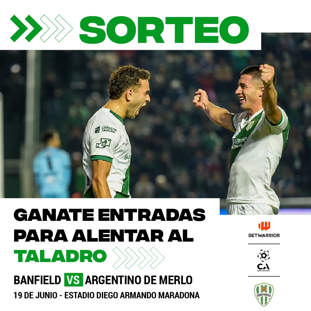 ⬜ SORTEO 🟩

Gracias a <a href="/BetWarrior_Arg/">BetWarrior Argentina</a>, Sponsor Oficial de la #CopaArgentina, tenemos entradas para ver a #Banfield el 19/06 en La Plata.

¿Cómo participar?

🟢 Seguí a <a href="/BetWarrior_Arg/">BetWarrior Argentina</a> y <a href="/CodigoBanfield/">Código Banfield</a>

⚪ Dale RT y mencioná a tu acompañante

🟢 El 17/06 sale el ganador🤞🏼🍀