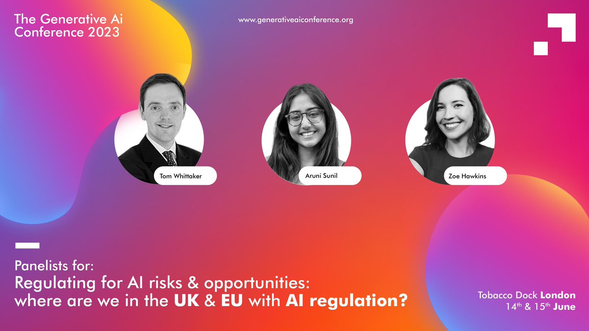 Excited to talk to industry innovators about how governments are reacting to the risks of #generativeAI with <a href="/aruni_sunil/">Aruni</a> &amp; Tom Whittaker tomorrow at <a href="/generativeaicon/">The Generative AI Conference</a> during #LondonTechWeek 
⏩️ generativeaiconference.org