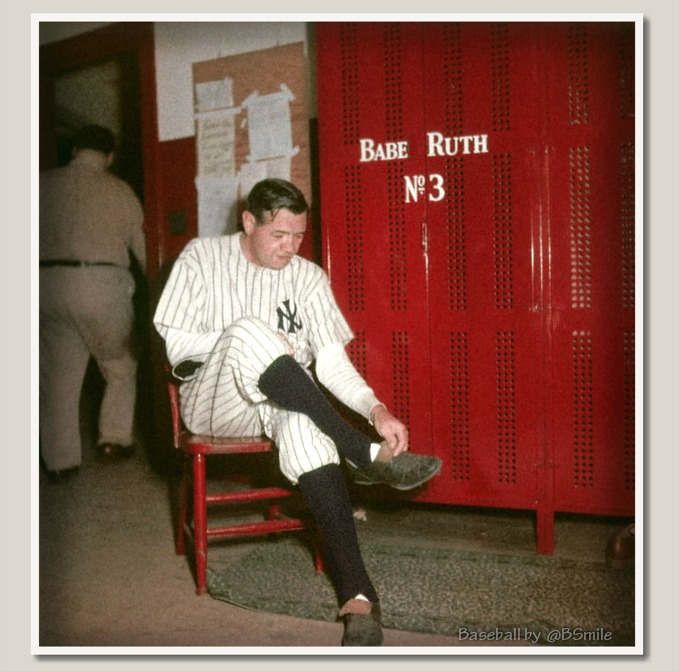 75 Years Ago Today: Babe Ruth puts on his New York #Yankees pinstripes for the last time at his old Yankee Stadium locker before the team retires his legendary uniform No. 3! (June 13, 1948)