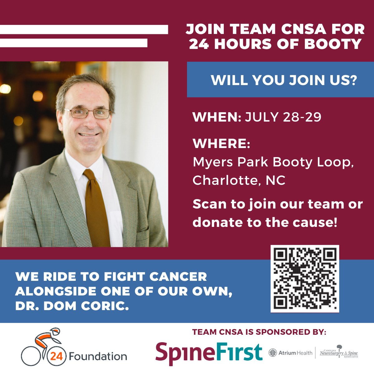 CarolinaNeurosurgery&Spine (@cnsa_insights) on Twitter photo 🚴♀️🚶♂️🎗️ Join us in supporting Dr. Dom Coric as he battles cancer. As a top neurosurgeon and beloved figure in our community, we are honored to support him as we ride together in the #24HOB event. @24Foundation <a href="/AtriumMSKI/">Atrium Health Musculoskeletal Institute</a>
Join the team or donate: events.24foundation.org/team/490388 🚴♀️🚶♂️🎗️ Join us in supporting Dr. Dom Coric as he battles cancer. As a top neurosurgeon and beloved figure in our community, we are honored to support him as we ride together in the #24HOB event. @24Foundation <a href="/AtriumMSKI/">Atrium Health Musculoskeletal Institute</a>
Join the team or donate: events.24foundation.org/team/490388