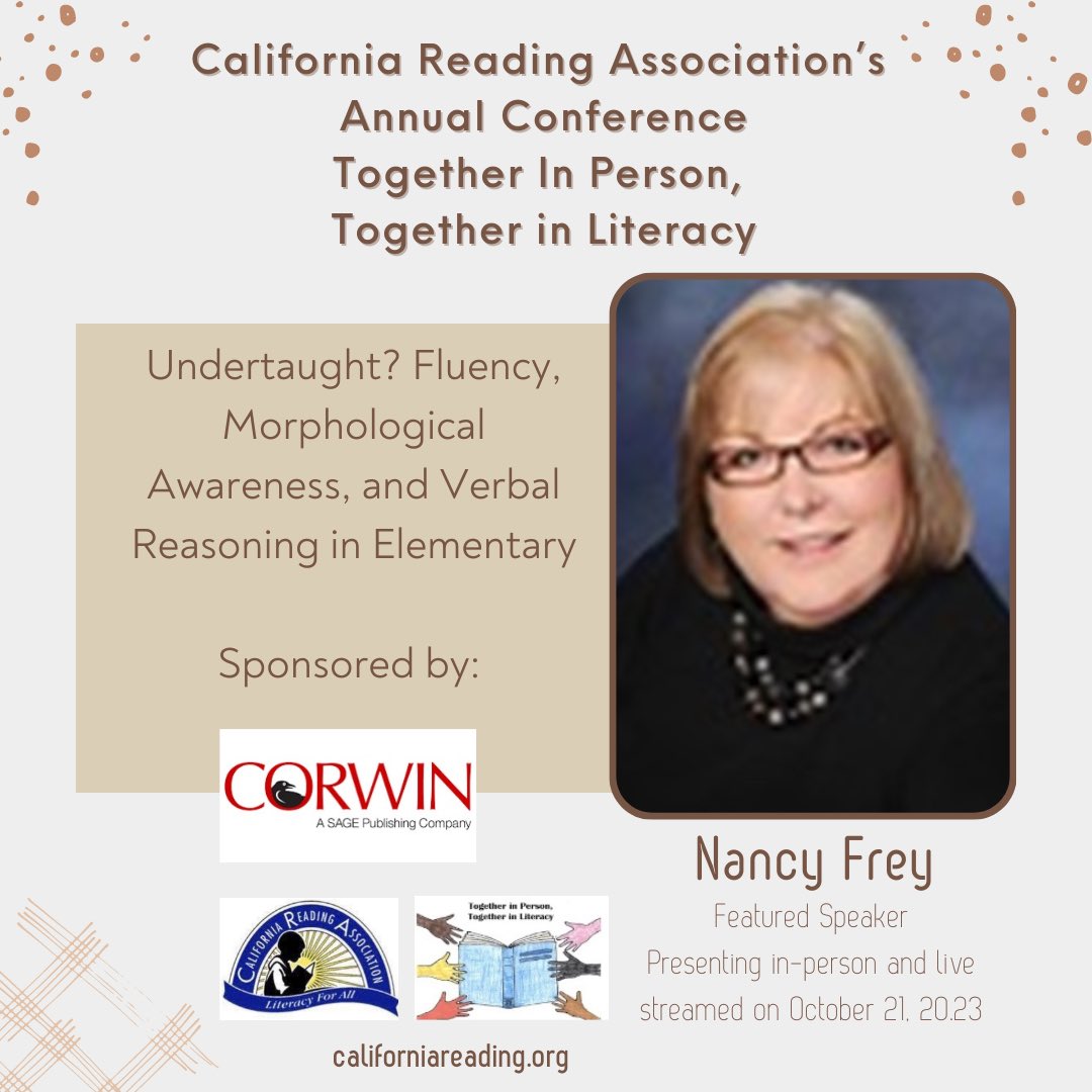 The @CRAreading is happy to announce yet another fabulous Featured Speaker, @NancyFrey, for our Annual Conference on October 20-21.  You’ll walk away from Nancy’s session with a deeper understanding of key literacy skills and easy to implement instructional activities.  📚