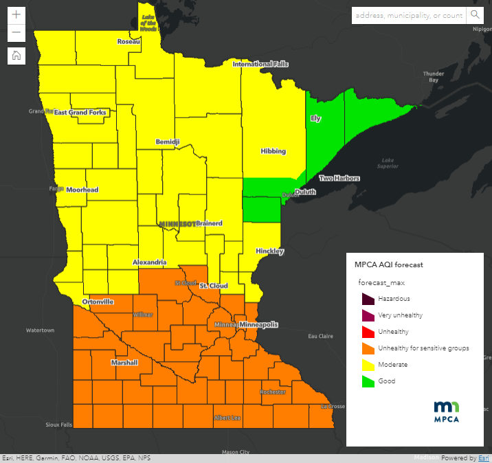 mpca_aqi's tweet photo. Statewide forecast for June 15. Air quality alert in effect until Friday at 6 a.m. More info at https://t.co/oEvwCgFhl7 https://t.co/w94YqnuvLR