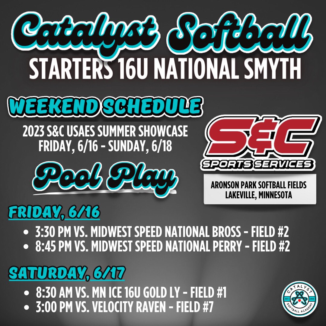Here’s our schedule for our S&amp;C Summer Showcase this weekend in Lakeville, Minnesota. <a href="/CatalystSB_/">Catalyst Softball</a> <a href="/erika_schmyth/">Erika Schmoll Smyth</a> <a href="/MichaelMook9/">Michael Mook</a> <a href="/KristinaMcSwee6/">Kristina McSweeney</a>  <a href="/CoachBagz/">Jen Bagley Trotter</a> <a href="/jwalter09/">Jen Walter</a> <a href="/KJThomp15/">Kelsey Thompson</a>