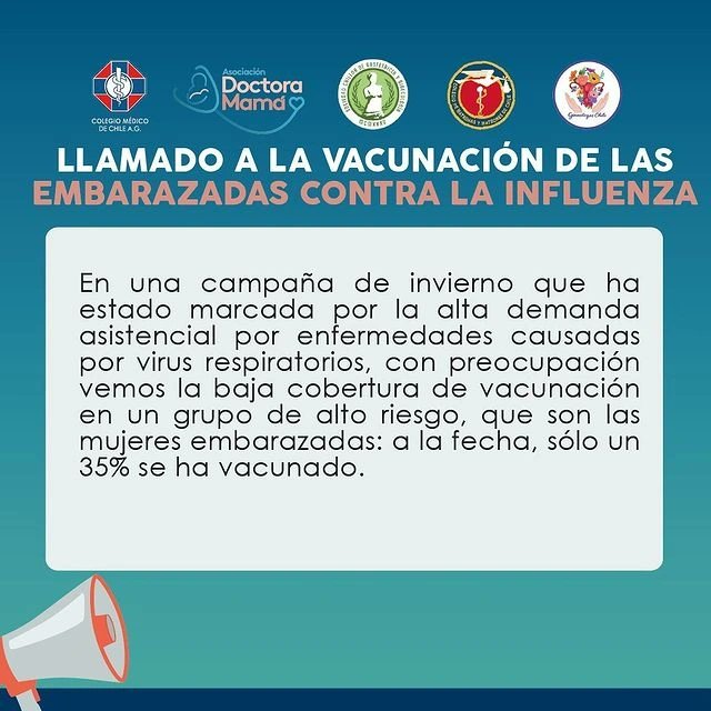 ChileMatrones's tweet image. #Repost @colmedchile 🔴 Las embarazadas corren mayor riesgo de enfermarse gravemente a causa de la #Influenza, por lo que están consideradas dentro de la población de riesgo para la campaña de vacunación. La vacuna es segura y gratuita.