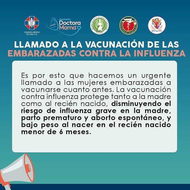 ChileMatrones's tweet image. #Repost @colmedchile 🔴 Las embarazadas corren mayor riesgo de enfermarse gravemente a causa de la #Influenza, por lo que están consideradas dentro de la población de riesgo para la campaña de vacunación. La vacuna es segura y gratuita.