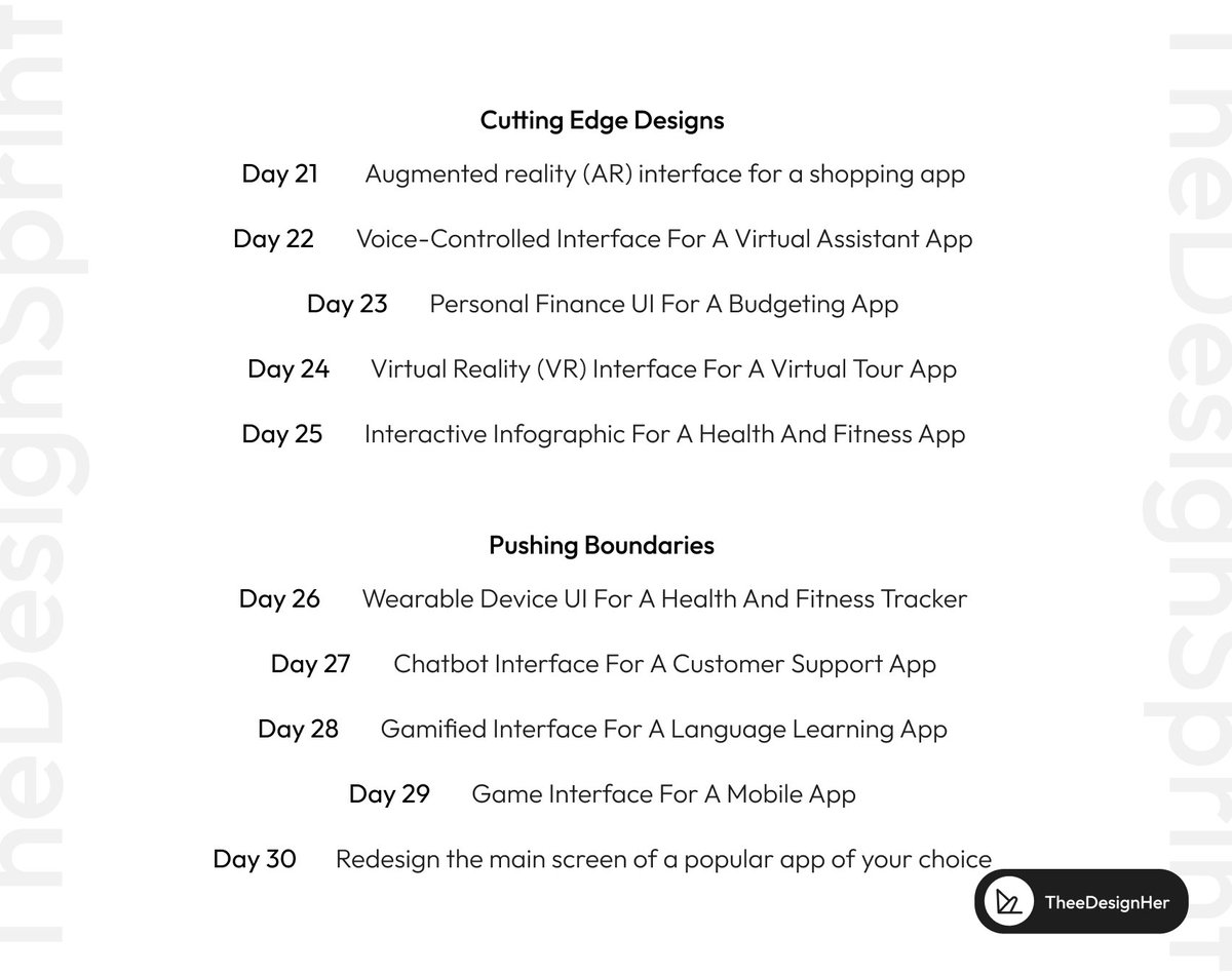 misethecreative's tweet photo. TheDesignSprint -30 Days

Here's the personal curated list of daily design challenges I've put together, starting from simple to complex, as requested by some. Feel free to share with other designers who might find it helpful.

Happy designing!

#TheDesignSprint #Designchallenge https://t.co/uR94Y1VX5X