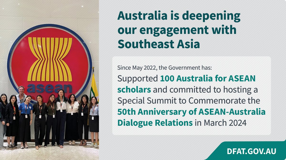 TimWattsMP's tweet photo. Australia is invested in, engaged with, and committed to Southeast Asia.

We'll keep working with ASEAN and ASEAN-led institutions to shape the future of the region we all want to live and prosper in.

Find out more👇
https://t.co/uuBNiEFqw4

@dfat @SenatorWong @ASEAN https://t.co/p3eZj0k9Jh