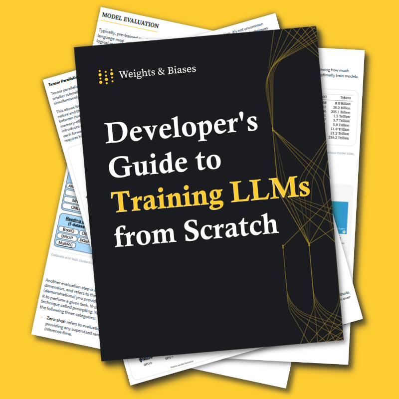 wandb's tweet photo. Free guide to training Large Language Models, covering everything from 📈 scaling and 🖥️ hardware to 🔎 dataset selection and 💪 model training.