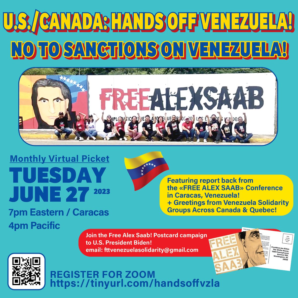 Tues. June 27: #HandsOffVenezuela #FreeAlexSaab online virtual picket marking 3 yrs after the kidnapping of Venezuelan diplomat #AlexSaab 🇻🇪 Join to hear spkrs from Canada, USA & #Venezuela + more!
Register here: tinyurl.com/handsoffvzla #vanpoli #cdnpoli #NoMasInjerenciaYankee