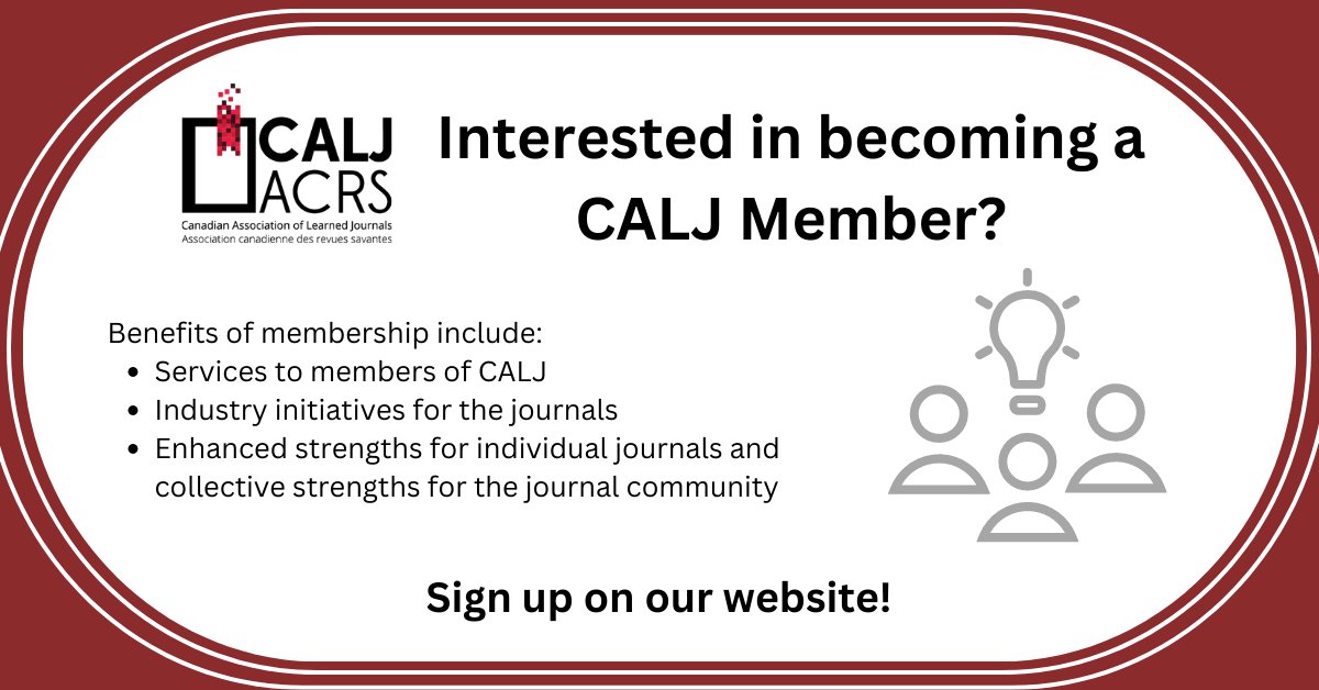Part of a Canadian journal? CALJ would love to have you as a member!

From the first meeting in 1990 that led to the formation of CALJ, the vocation of the association has focused on the well-being of learned journals.

Join us: buff.ly/3GGf94S