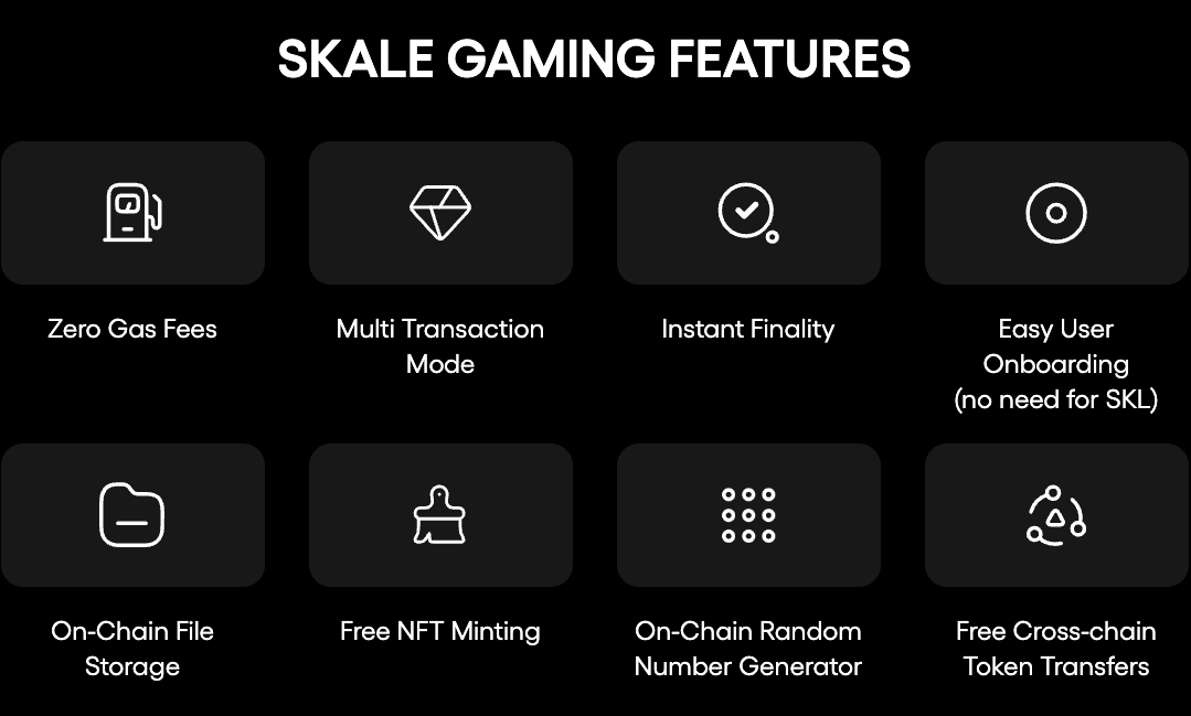 SKALE on Twitter: Gaming Features: ✨ Zero Gas Fees ✨ Multi-Transaction Mode ✨ Instant Finality ✨ Easy User Onboarding (no need for native [$SKL]) ✨On-Chain File ✨Free NFT Minting