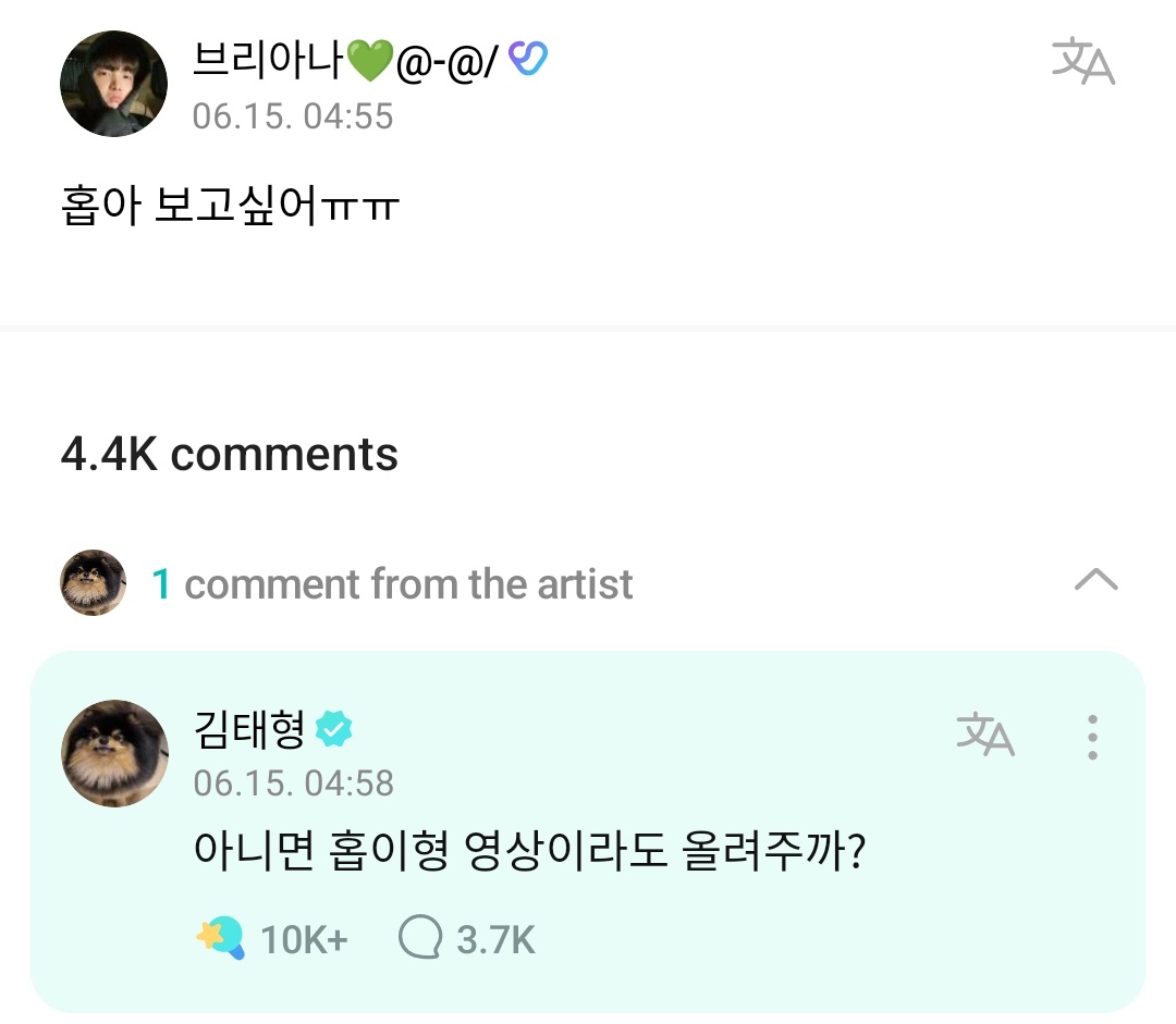 TheTKGlobal's tweet photo. 💜: hobi I miss you ㅠㅠ

🐯: should I upload hobi hyung's video clips? https://t.co/TeJwVAZPUj