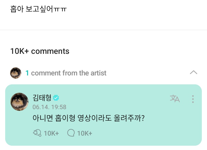 BrazilWings's tweet photo. [#WEVERSE]
#V
Taehyung comentou 💜

ARMY: Hob-ah eu sinto sua faltaㅠㅠ
🐯Será que eu devo postar também um vídeo do Hobi hyung? https://t.co/e2Ydecn93I