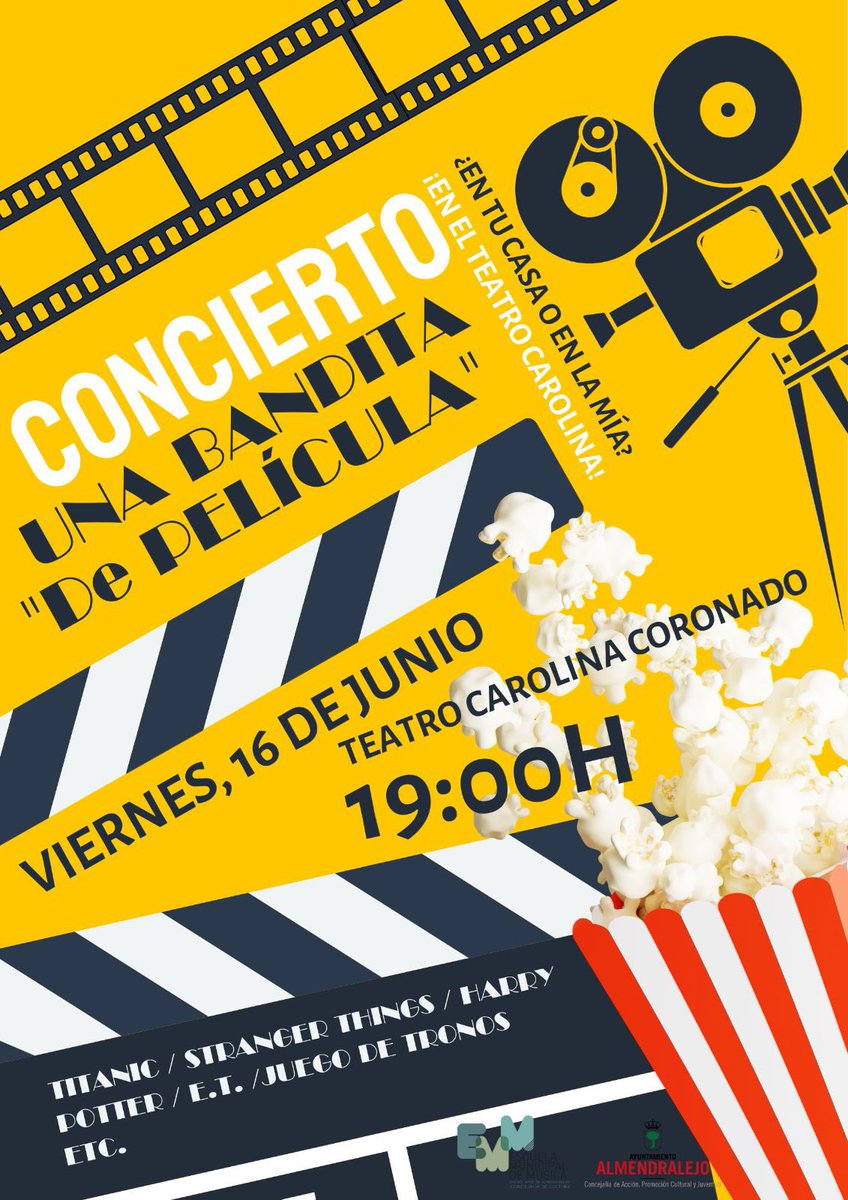 EMMAlmendralejo's tweet photo. Esta es tu invitación oficial para nuestro concierto #UnaBanditadePelicula
✨ Prepárate para una tarde de buena música y grandes sorpresas con nuestra Bandita de la EMMA. Imágenes sincronizada con música.
🗓️ Viernes 16 de junio a las 19:00 horas 
🎭 Teatro Carolina Coronado. https://t.co/JBCqtmTez9