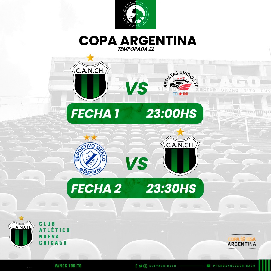 nchicagoesports's tweet photo. 🐂MATCHDAY | #FIFA23

📌 NUEVA CHICAGO VS @_ArtistasUnidos
⚽ Fecha 1

📌 @CSDMerloeSports VS NUEVA CHICAGO
⚽ Fecha 2

🏆 COPA ARGENTINA @IESAFIFAar

🗓 Miercoles 14/06
🕖 23 y 23.30hs https://t.co/swwZ9lYYbT