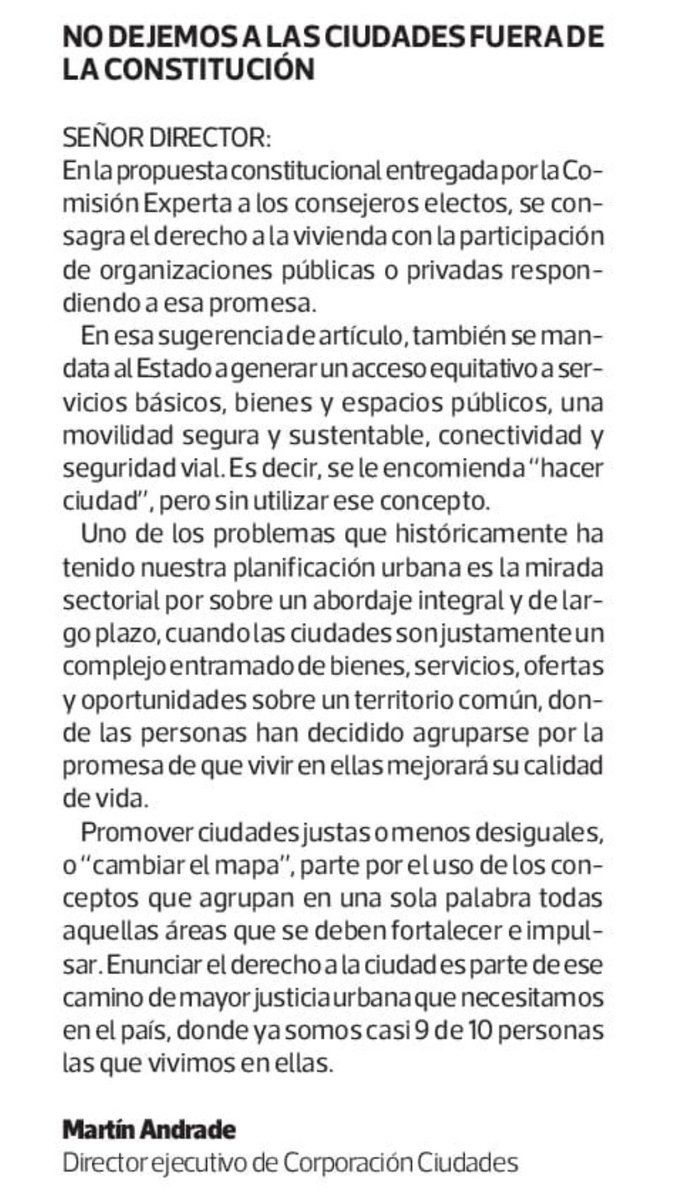 "No dejemos a las ciudades fuera de la Constitución". Carta a <a href="/latercera/">La Tercera</a> en que solicitamos al nuevo proceso constitucional considerar los múltiples desafíos de nuestros centros urbanos en el debate y propuestas para avanzar en una mayor equidad territorial de manera integral.