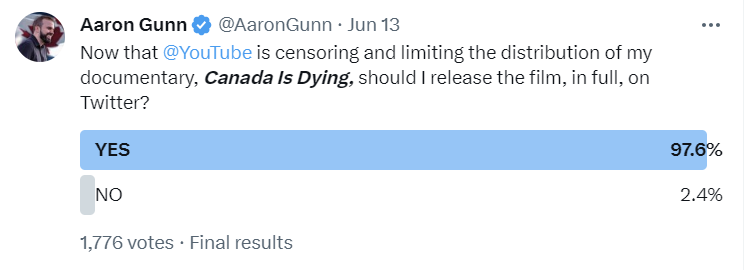 The people have spoken. Tomorrow at 8PM ET I will be releasing my YouTube-censored documentary, Canada Is Dying, on Twitter to consume for free.

The message is simply too important to allow the film to be swept under the rug.

Thank you @elonmusk for making this possible.