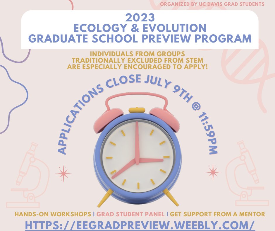 Interested in applying to ecology or evolution grad school programs, but not sure where to start?!🧬🌷🦑

Check out the E&amp;E Grad School Preview Program to demystify grad school!

Virtual workshops and group activity sessions will take place throughout August!