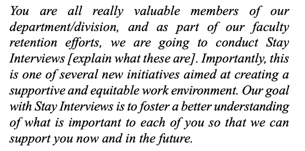 1⃣ Conduct Stay Interviews

To promote faculty retention, leaders should:
🗣️Meet 1:1 in person (if able)
🥅 Ask about faculty's interests &amp; goals
🪙 Reinforce member's value
🩹Inquire about pain points
👂Spend 80% of time listening

Some ❓'s to consider

🧵 3/8 @AmberBrooksMD
