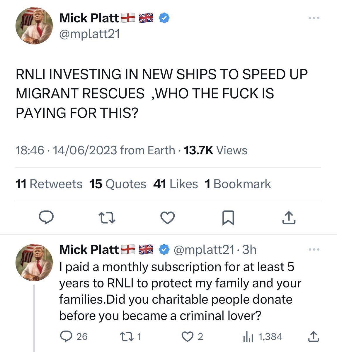 Gerard_Donaghy's tweet photo. @SalfordMe2023 I like that he claimed he used to make a monthly subscription for five years… after he asked who pays for the RNLI. https://t.co/qrP2w2buvQ