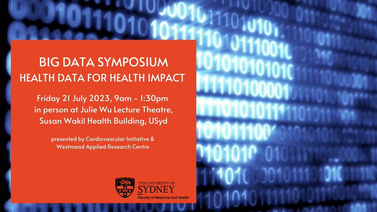WARC_USYD's tweet photo. 🗓️Save the date - 21 July '23 
Big📊 Data Symposium - Health Data for Health Impact 
hosted by the @USYD_CVI &amp; @WARC_USYD 
<Register here>  https://t.co/2Lqyearz3D
@syd_health @SHPartners @clara_chow @gemtreee @simoneMarschne1 #BigData #usyd https://t.co/RgnWzhedHC