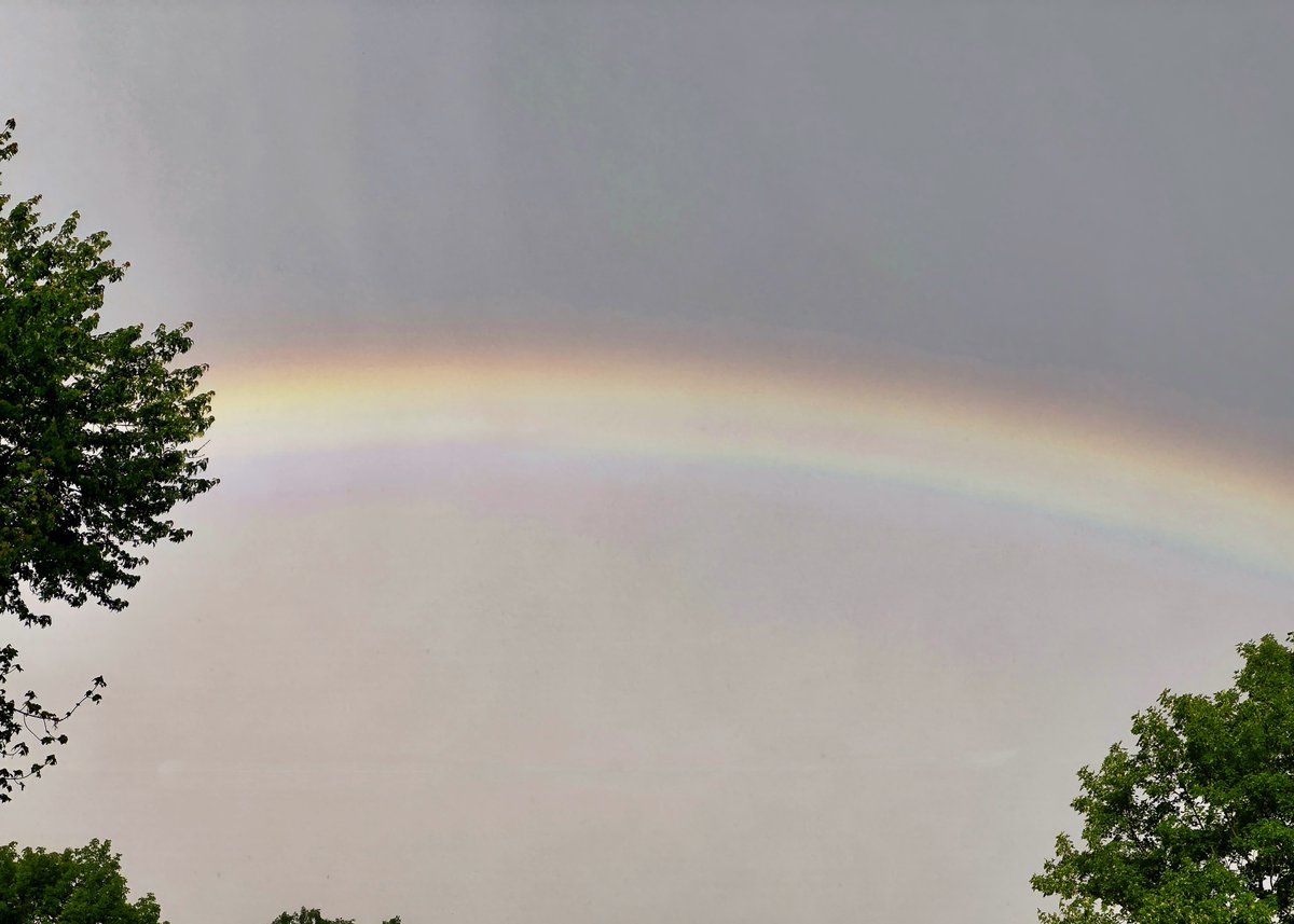 We had a rainbow tonight.  Thunderstorms and downpours amidst peeks of sun, and this bit of beauty appeared! #rainbow #TrumbullCT #CTWeather #ctwx