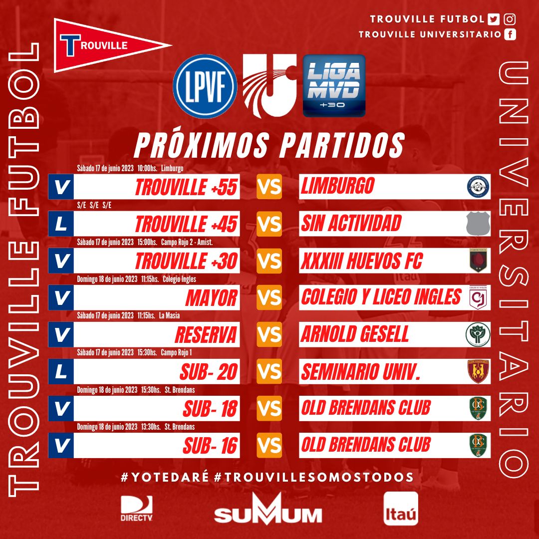 🔺️Fútbol ⚽️‼
Compartimos Actividad fijada para sábado 17 y domingo 18 de junio en las categorías de <a href="/LUD_Oficial/">Liga Universitaria de Deportes</a> <a href="/LPVFinfo/">LPVF</a> y <a href="/LIGA_MVD/">LIGA MVD</a>
.
#VamosLaRoja🔴⚽️
<a href="/ClubTrouvilleUY/">Club Trouville</a>
<a href="/CampoRojoUY/">Campo Rojo - Club Trouville</a>
<a href="/SummumUY/">SUMMUM</a>