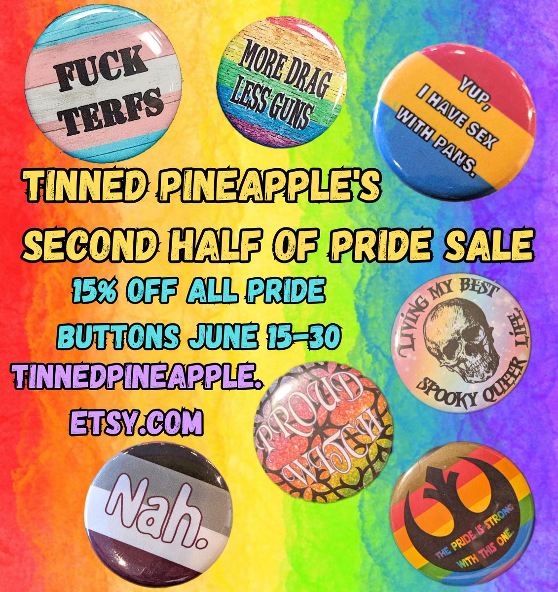Can you believe Pride month is half over? Starting tonight at midnight all Pride pins in my shop will be 15% off! This includes #OFMD !
tinnedpineapple.etsy.com
#lgbt #pridemonth #queerpride #shophandmade #supportsmallbusiness #gaypride #transpride #panpride #acepride #fuckterfs