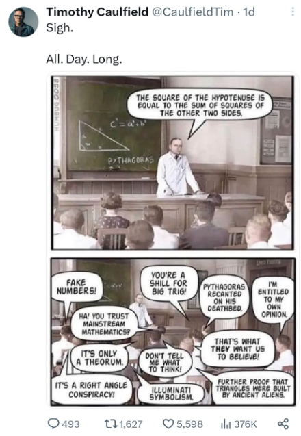 Understanding that #VaccinesWork is as intuitive as understanding the relationship between three sides of a right triangle. 

Competent, well educated people just get it.

c=sqrt(a^2 + b^2)

Vaccines = Good

How come #antivaxxers can comprehend one but not the other?  Sigh.