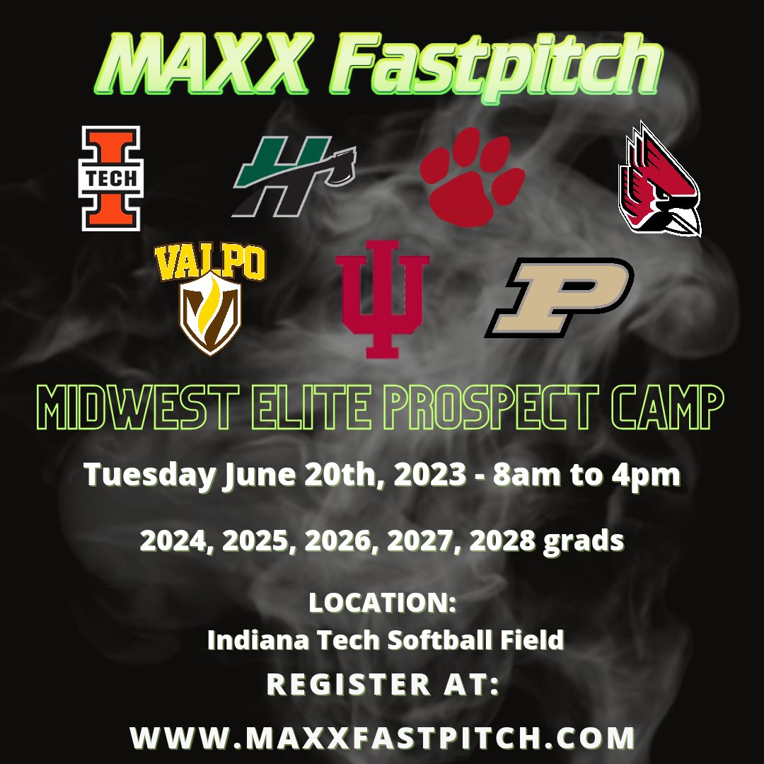 We have just 1 spot open for our Midwest Prospect Camp in Fort Wayne, Indiana on Tuesday June 20th! 
Come work with our great lineup of coaches! Register at maxxfastpitch.com.

D1 Indiana
D1 Purdue
D1 Valpo
D1 Ball State
D2 Frostburg State
NAIA Indiana Tech
NAIA Huntington